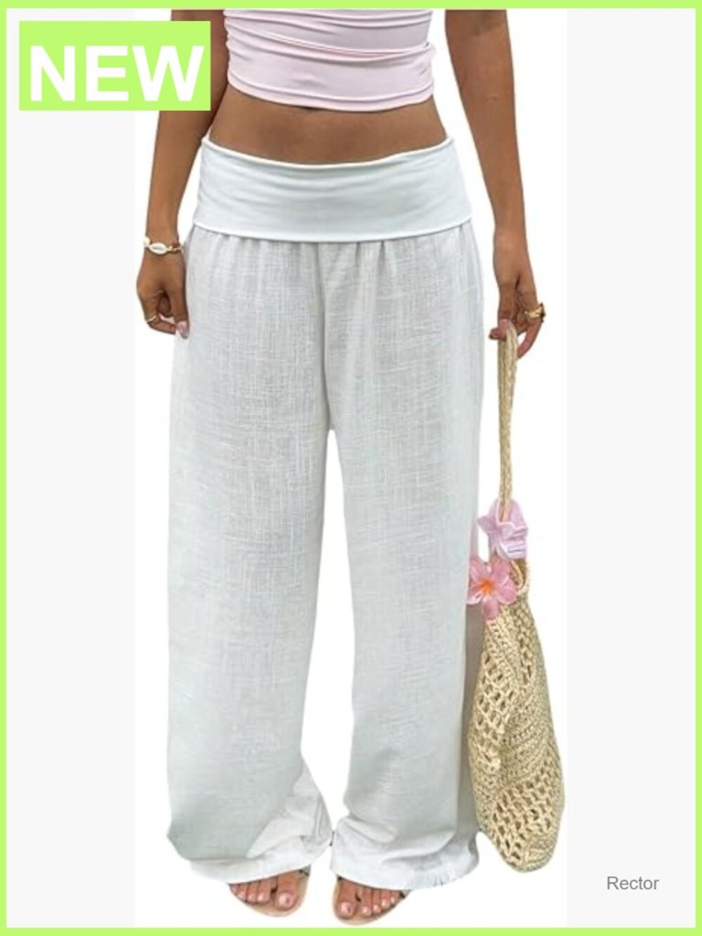 Women's Fold Over Low Rise Linen Pants Wide Leg Casual Vacation Trousers